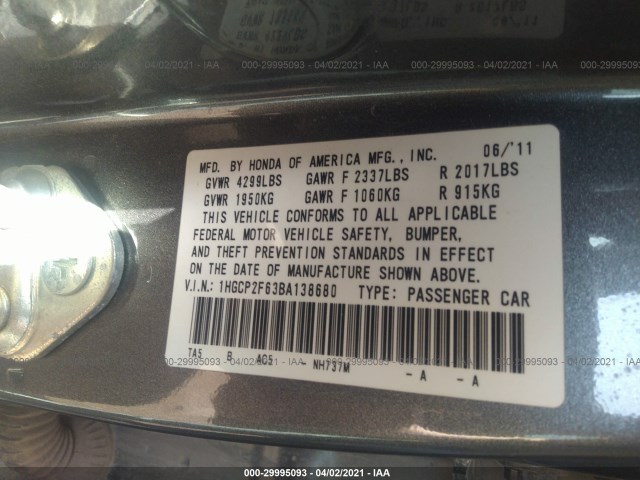 Photo 8 VIN: 1HGCP2F63BA138680 - HONDA ACCORD SDN 