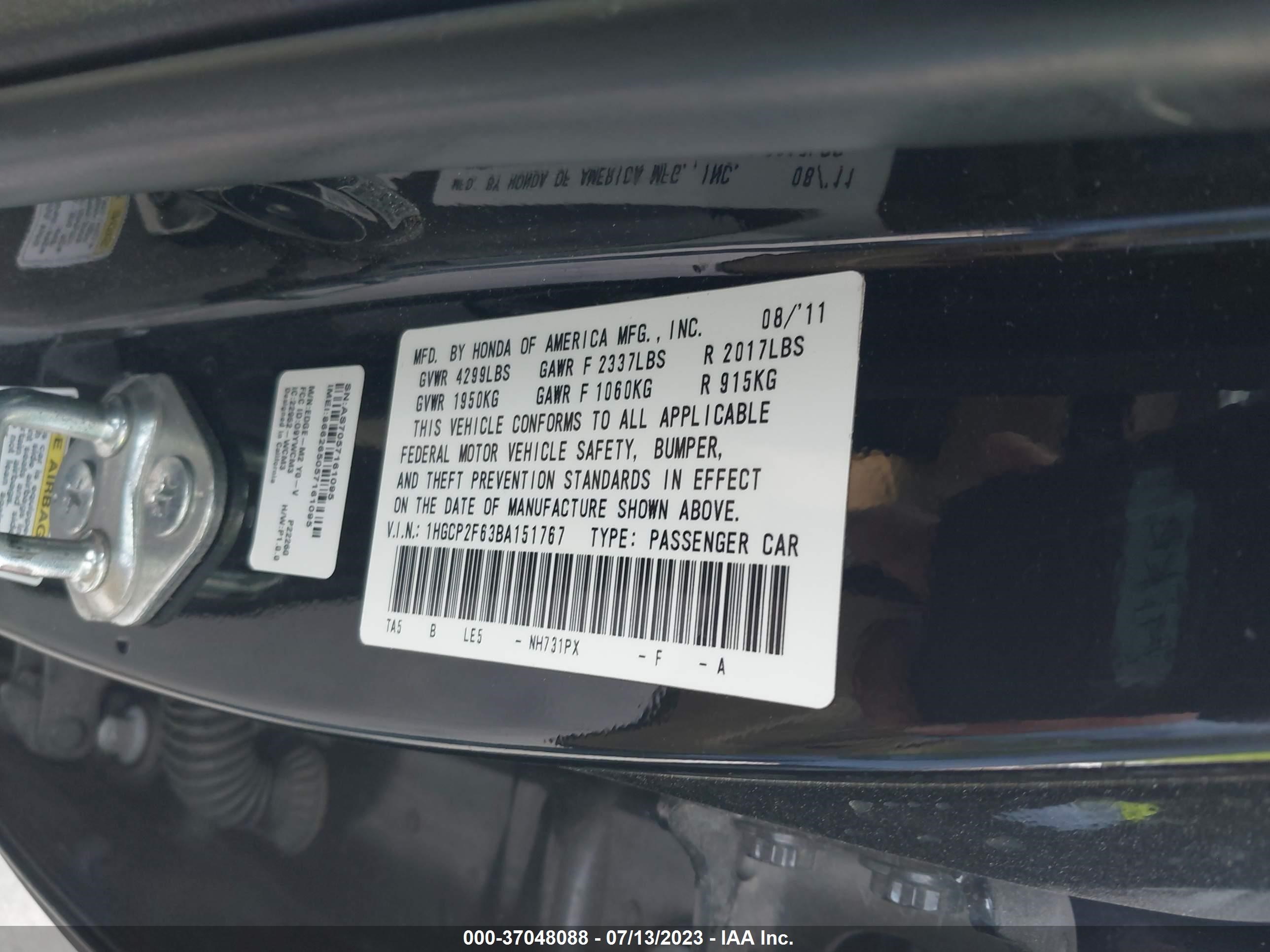 Photo 8 VIN: 1HGCP2F63BA151767 - HONDA ACCORD 