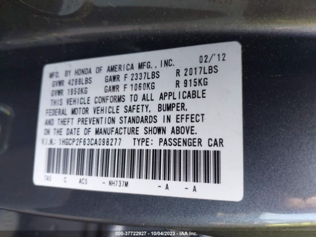 Photo 8 VIN: 1HGCP2F63CA098277 - HONDA ACCORD 