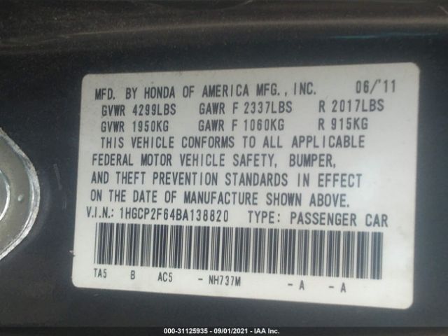 Photo 8 VIN: 1HGCP2F64BA138820 - HONDA ACCORD SDN 