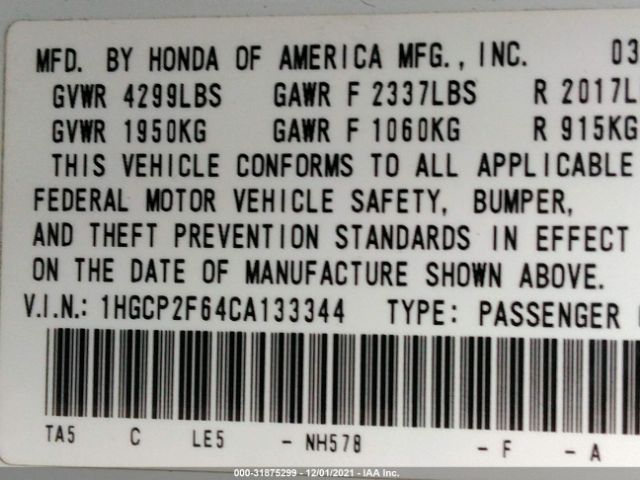 Photo 8 VIN: 1HGCP2F64CA133344 - HONDA ACCORD SDN 