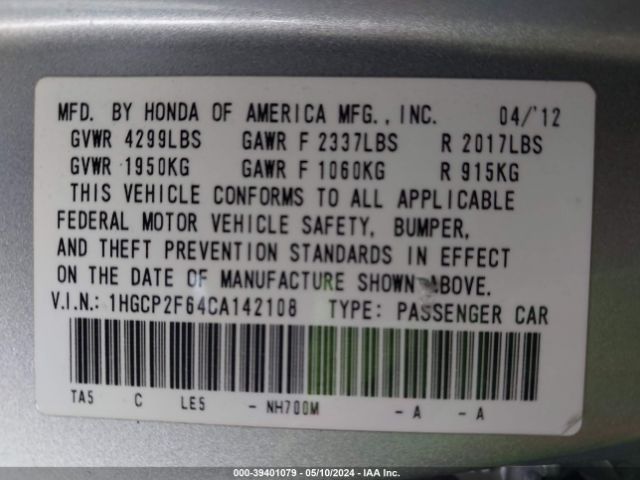 Photo 8 VIN: 1HGCP2F64CA142108 - HONDA ACCORD 