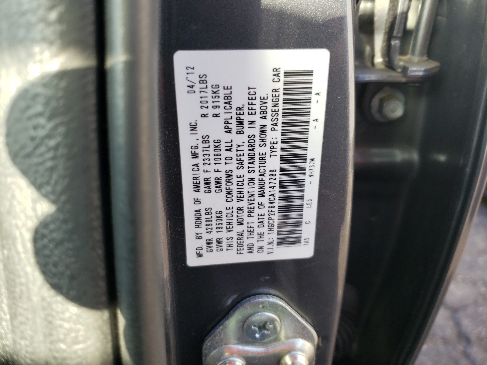 Photo 9 VIN: 1HGCP2F64CA147289 - HONDA ACCORD SE 