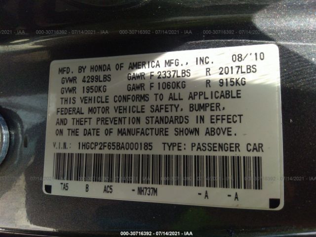 Photo 8 VIN: 1HGCP2F65BA000185 - HONDA ACCORD SDN 