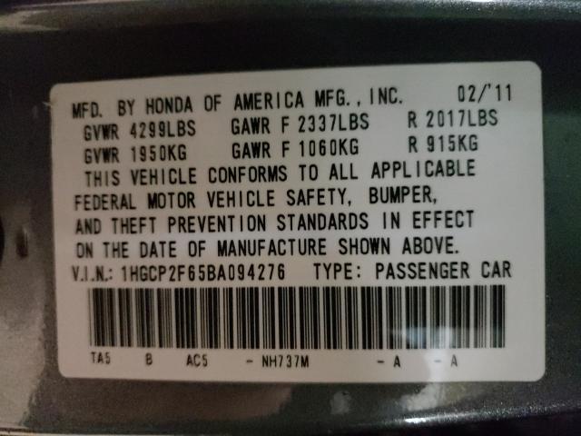 Photo 9 VIN: 1HGCP2F65BA094276 - HONDA ACCORD SE 