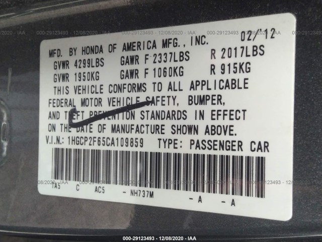 Photo 8 VIN: 1HGCP2F65CA109859 - HONDA ACCORD SDN 