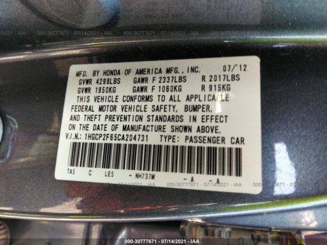 Photo 8 VIN: 1HGCP2F65CA204731 - HONDA ACCORD SDN 