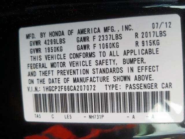 Photo 9 VIN: 1HGCP2F66CA207072 - HONDA ACCORD SE 