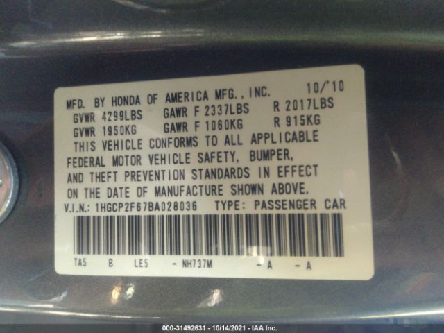 Photo 8 VIN: 1HGCP2F67BA028036 - HONDA ACCORD SDN 