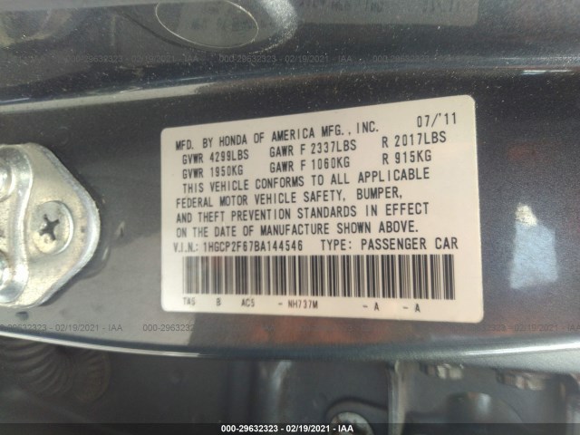 Photo 8 VIN: 1HGCP2F67BA144546 - HONDA ACCORD SDN 