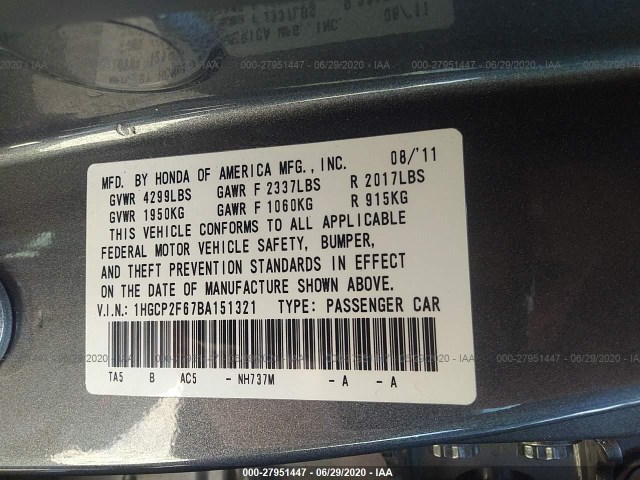 Photo 8 VIN: 1HGCP2F67BA151321 - HONDA ACCORD SDN 