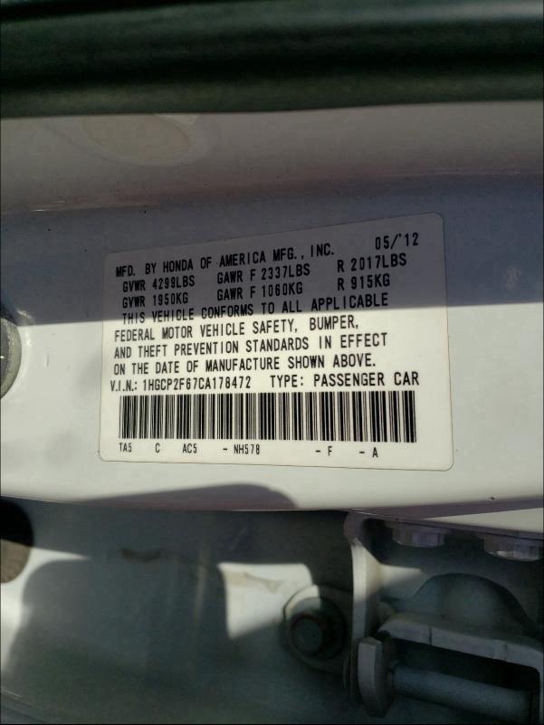 Photo 9 VIN: 1HGCP2F67CA178472 - HONDA ACCORD SE 