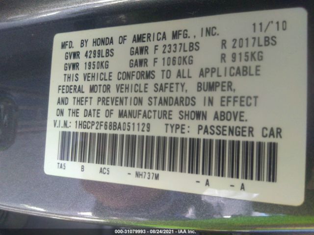 Photo 8 VIN: 1HGCP2F68BA051129 - HONDA ACCORD SDN 