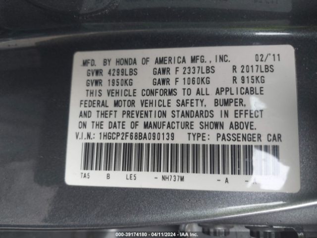 Photo 8 VIN: 1HGCP2F68BA090139 - HONDA ACCORD 