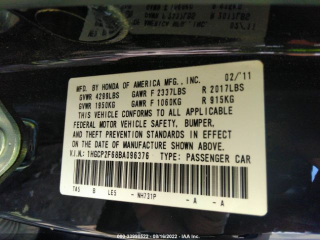 Photo 8 VIN: 1HGCP2F68BA096376 - HONDA ACCORD SDN 