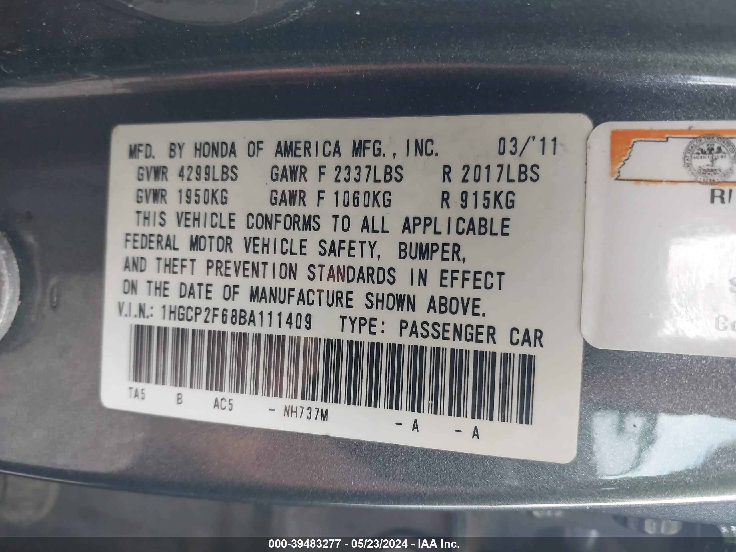 Photo 8 VIN: 1HGCP2F68BA111409 - HONDA ACCORD 