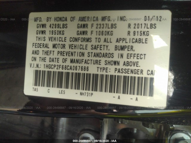 Photo 8 VIN: 1HGCP2F68CA067686 - HONDA ACCORD SDN 