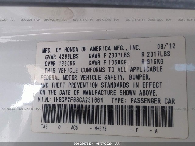 Photo 8 VIN: 1HGCP2F68CA231664 - HONDA ACCORD SDN 