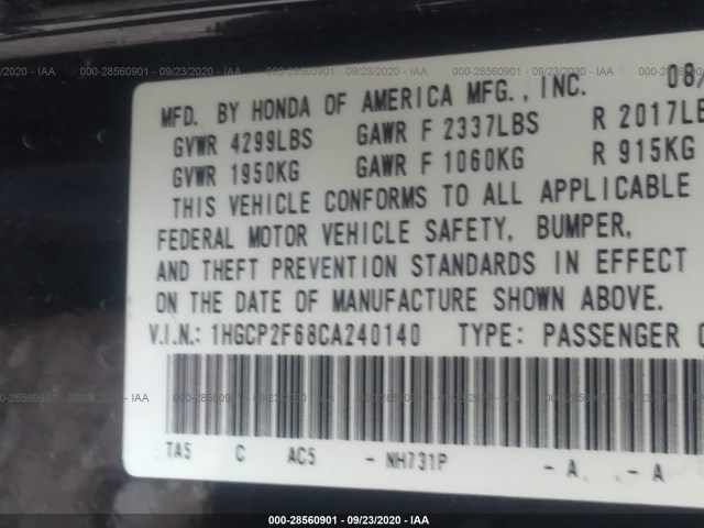 Photo 8 VIN: 1HGCP2F68CA240140 - HONDA ACCORD SDN 