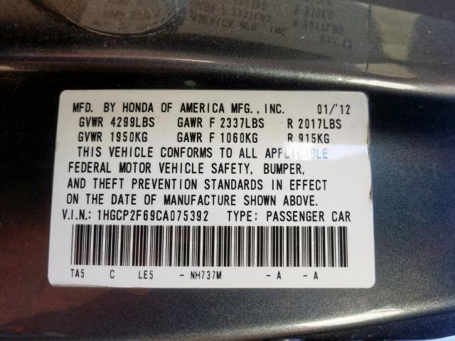 Photo 9 VIN: 1HGCP2F69CA075392 - HONDA ACCORD SE 