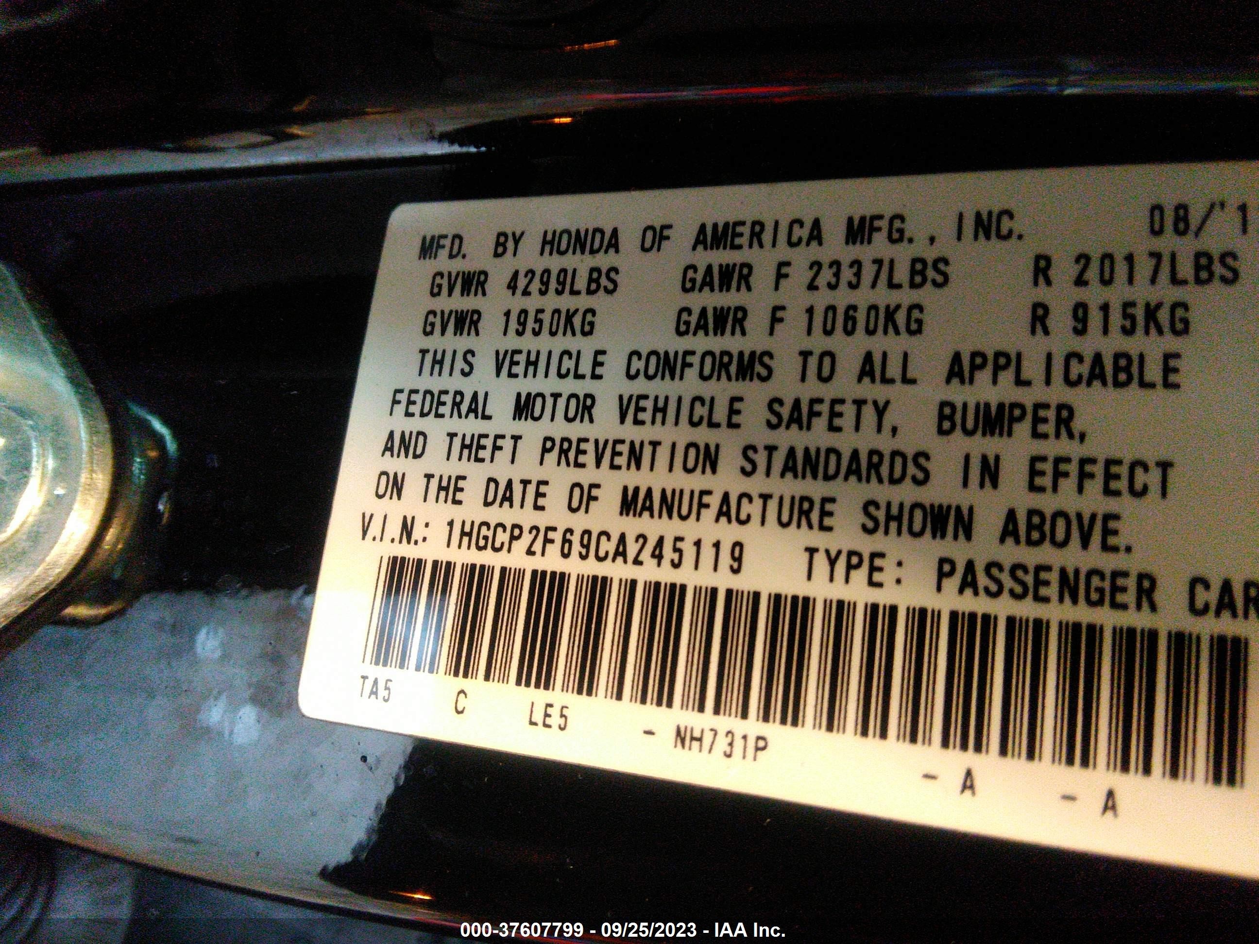 Photo 8 VIN: 1HGCP2F69CA245119 - HONDA ACCORD 