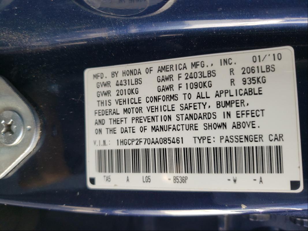 Photo 9 VIN: 1HGCP2F70AA085461 - HONDA ACCORD EX 