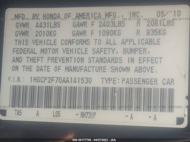 Photo 8 VIN: 1HGCP2F70AA141530 - HONDA ACCORD SDN 