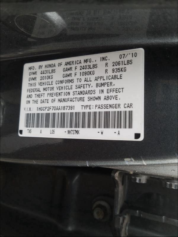 Photo 9 VIN: 1HGCP2F70AA187391 - HONDA ACCORD EX 