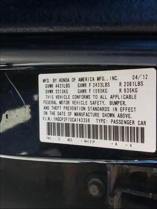 Photo 9 VIN: 1HGCP2F70CA143359 - HONDA ACCORD EX 