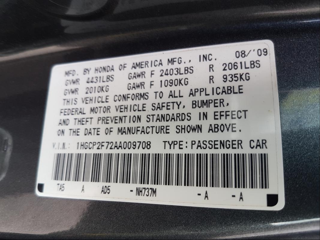 Photo 9 VIN: 1HGCP2F72AA009708 - HONDA ACCORD EX 