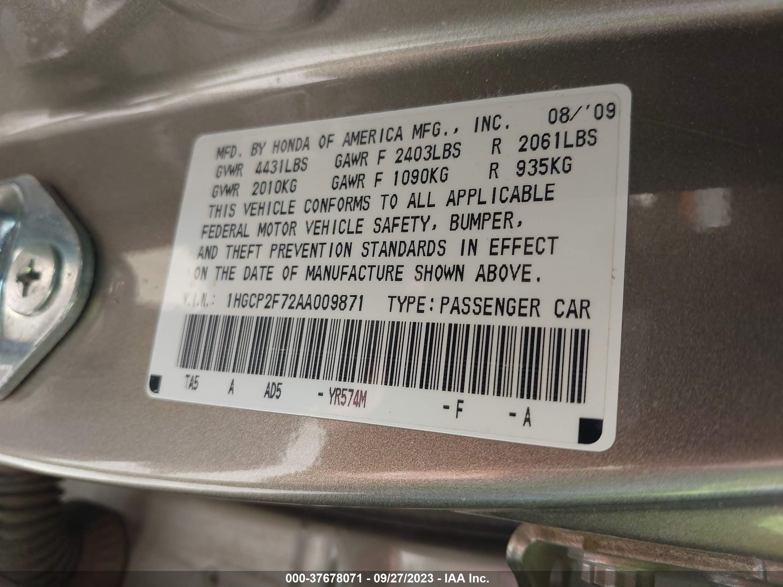 Photo 8 VIN: 1HGCP2F72AA009871 - HONDA ACCORD 