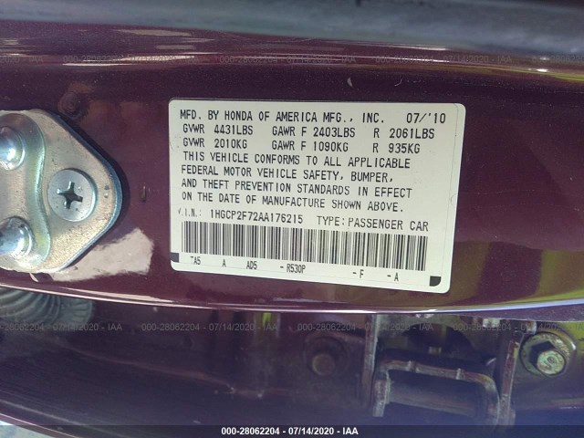 Photo 8 VIN: 1HGCP2F72AA176215 - HONDA ACCORD SDN 