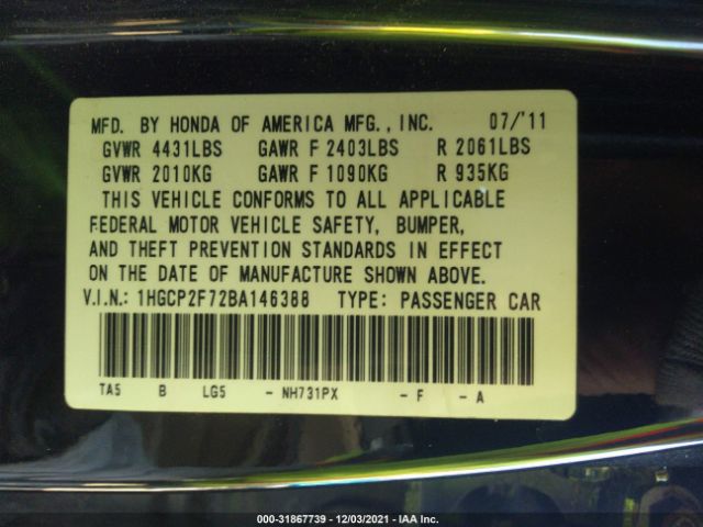 Photo 8 VIN: 1HGCP2F72BA146388 - HONDA ACCORD SDN 