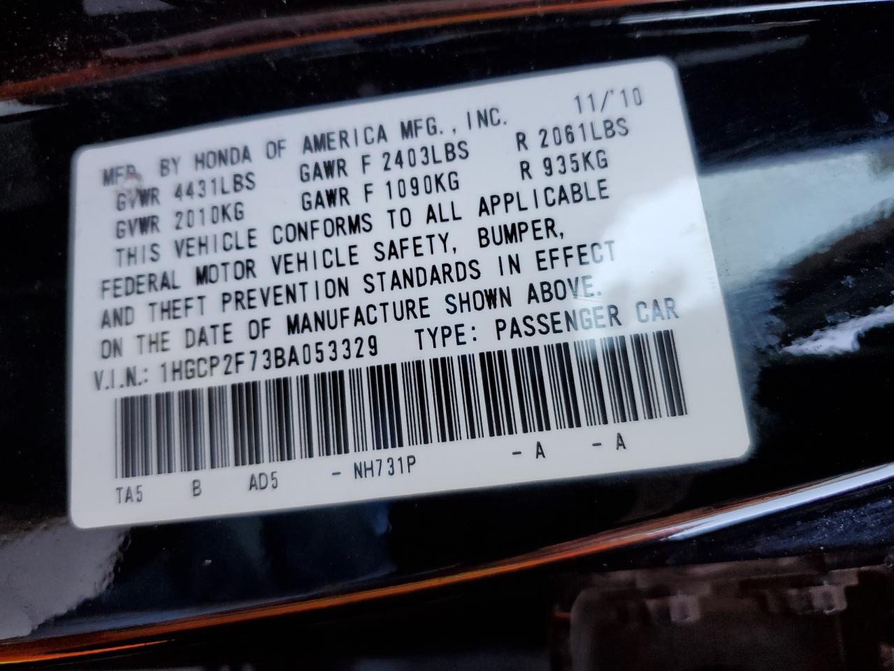 Photo 11 VIN: 1HGCP2F73BA053329 - HONDA ACCORD 