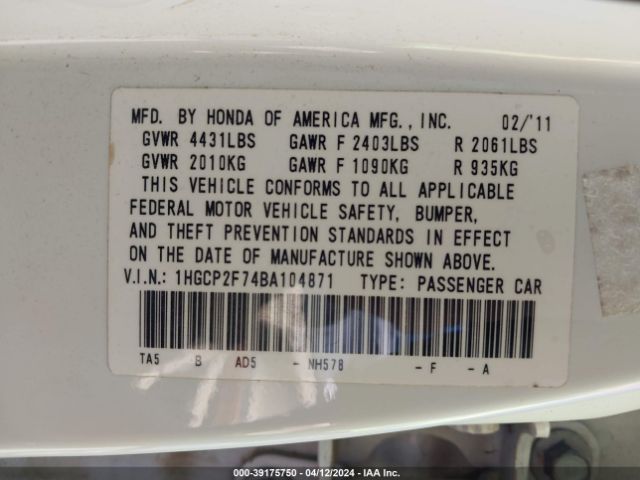 Photo 8 VIN: 1HGCP2F74BA104871 - HONDA ACCORD 