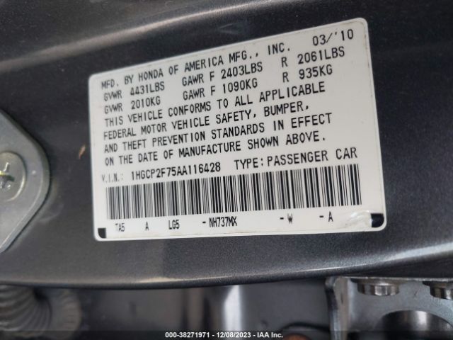 Photo 8 VIN: 1HGCP2F75AA116428 - HONDA ACCORD SDN 