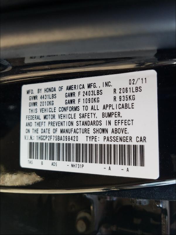 Photo 9 VIN: 1HGCP2F75BA098420 - HONDA ACCORD EX 