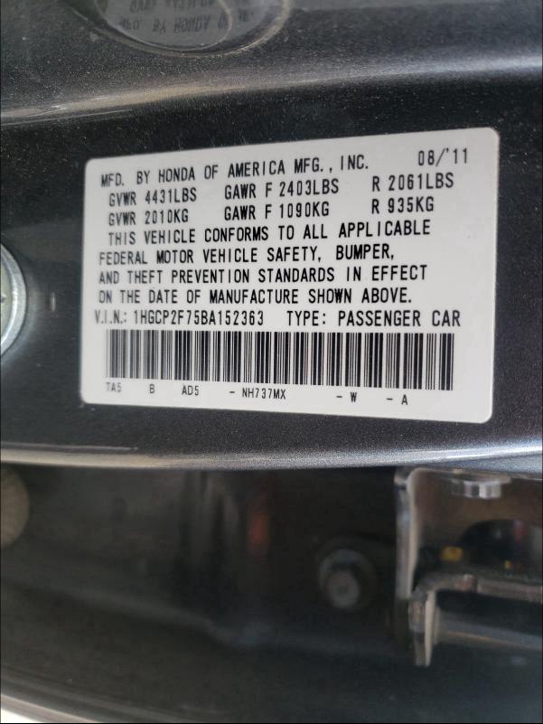 Photo 9 VIN: 1HGCP2F75BA152363 - HONDA ACCORD EX 