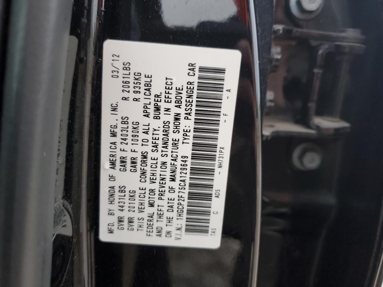 Photo 11 VIN: 1HGCP2F75CA129649 - HONDA ACCORD 