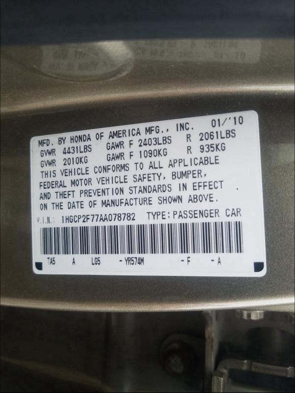 Photo 9 VIN: 1HGCP2F77AA078782 - HONDA ACCORD EX 