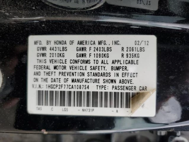 Photo 11 VIN: 1HGCP2F77CA108754 - HONDA ACCORD EX 