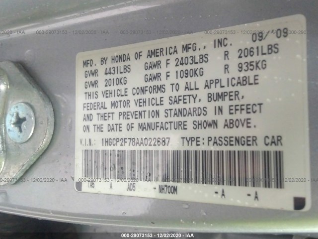 Photo 8 VIN: 1HGCP2F78AA022687 - HONDA ACCORD SDN 