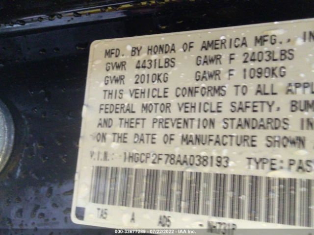 Photo 8 VIN: 1HGCP2F78AA038193 - HONDA ACCORD SDN 