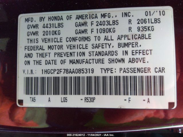 Photo 8 VIN: 1HGCP2F78AA085319 - HONDA ACCORD SDN 