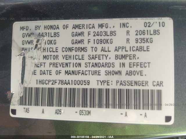 Photo 8 VIN: 1HGCP2F78AA100059 - HONDA ACCORD EX 