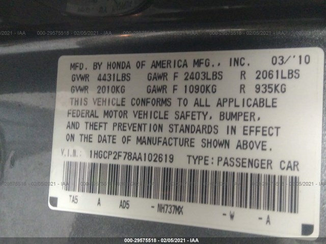 Photo 8 VIN: 1HGCP2F78AA102619 - HONDA ACCORD SDN 