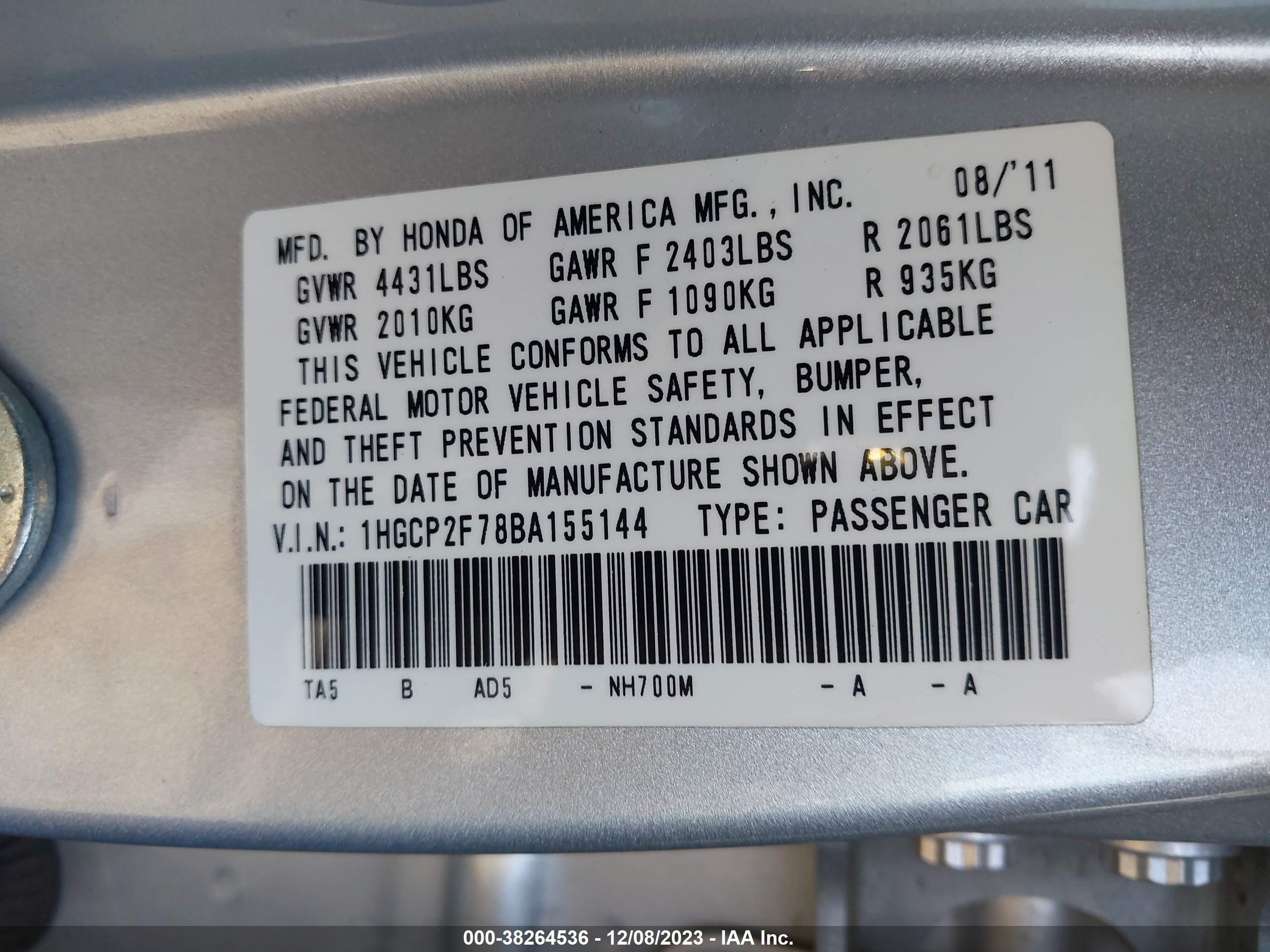 Photo 8 VIN: 1HGCP2F78BA155144 - HONDA ACCORD 