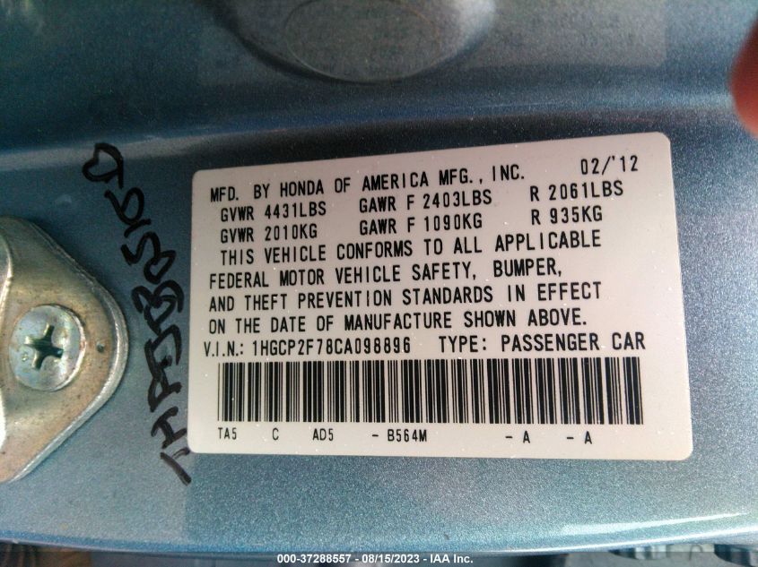 Photo 8 VIN: 1HGCP2F78CA098896 - HONDA ACCORD 