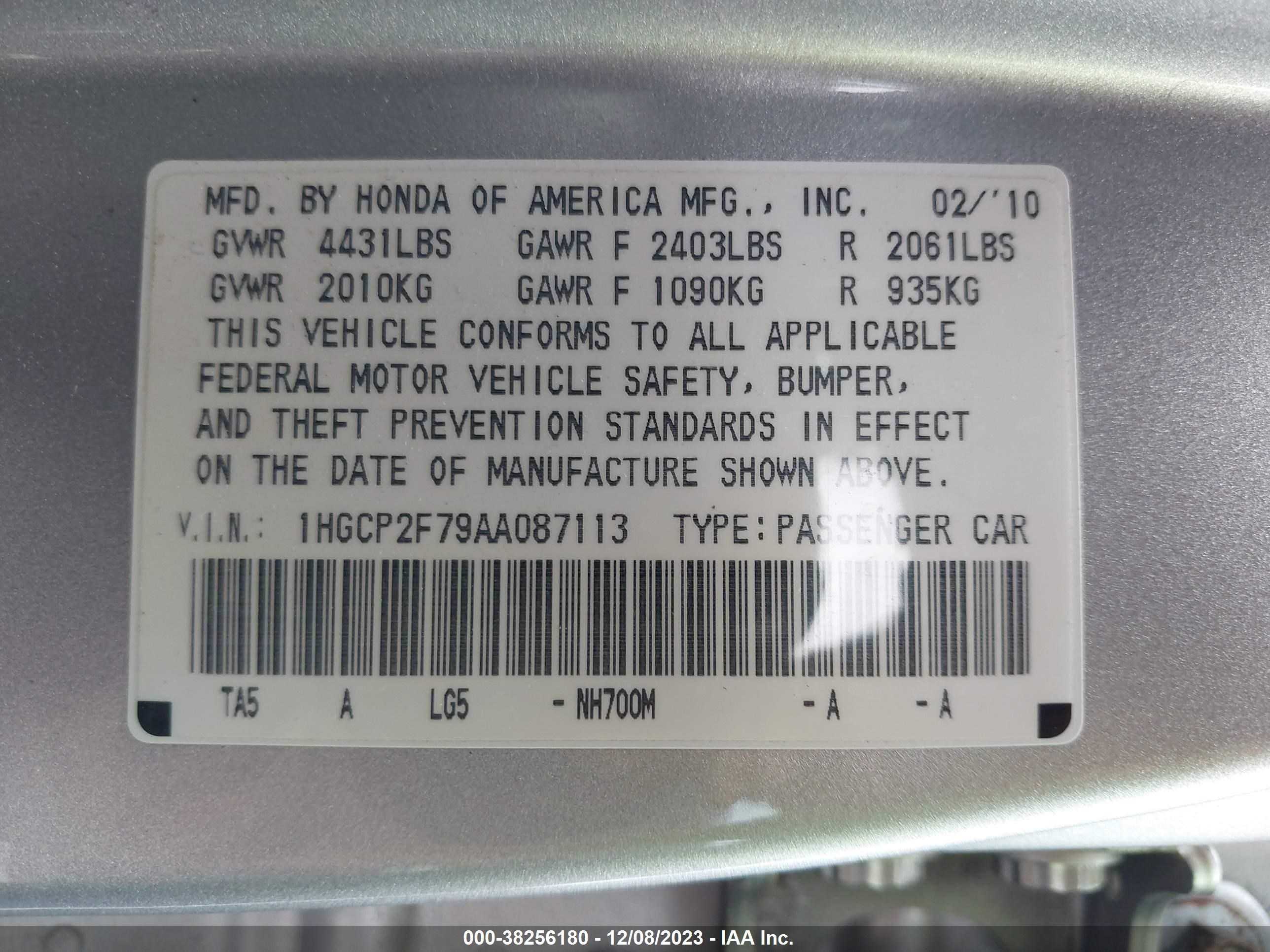 Photo 8 VIN: 1HGCP2F79AA087113 - HONDA ACCORD 