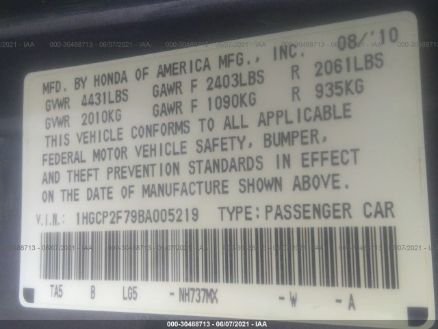 Photo 8 VIN: 1HGCP2F79BA005219 - HONDA ACCORD SDN 